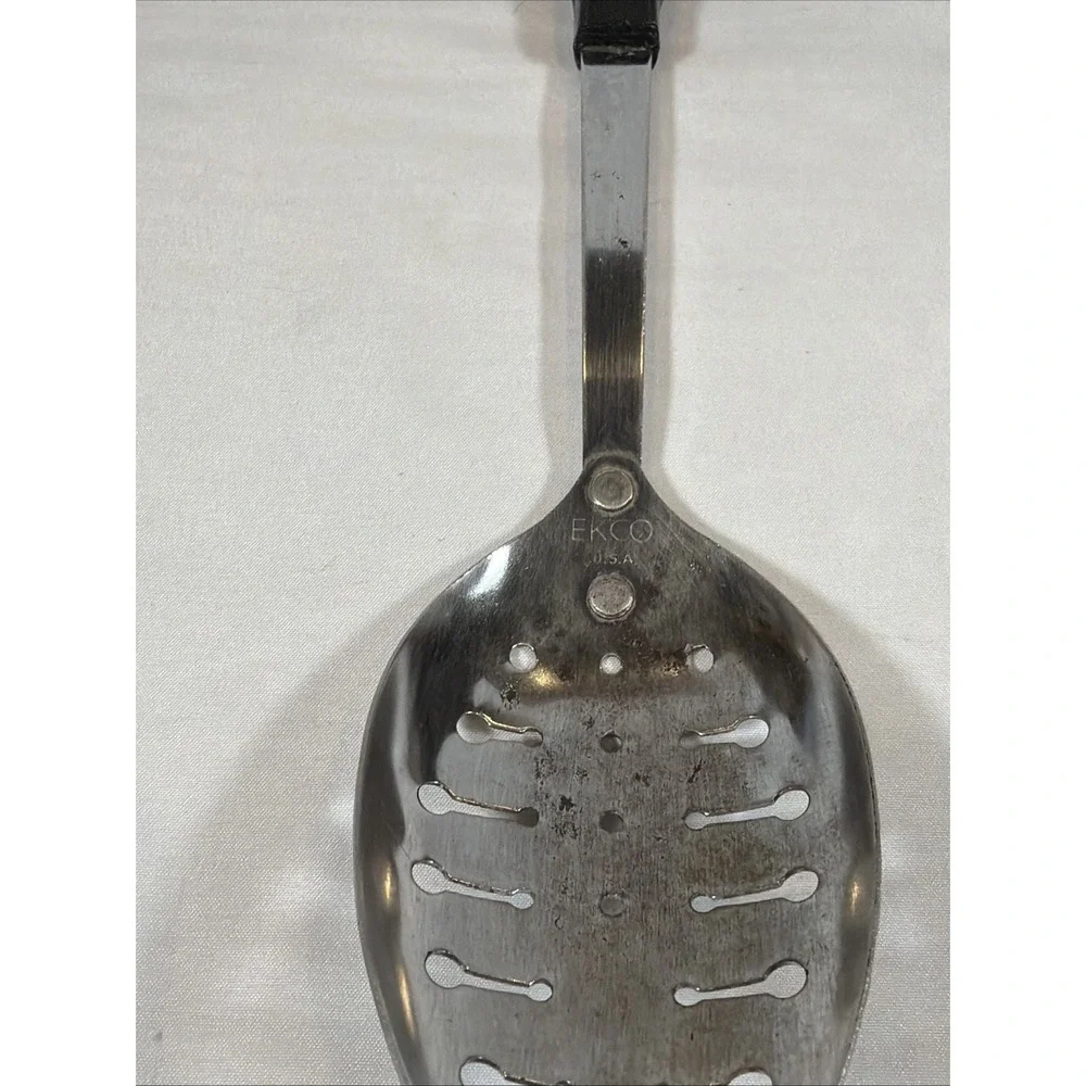 Vintage Ecko USA Slotted Metal Serving Spoon Utensil Black Plastic Handle  12